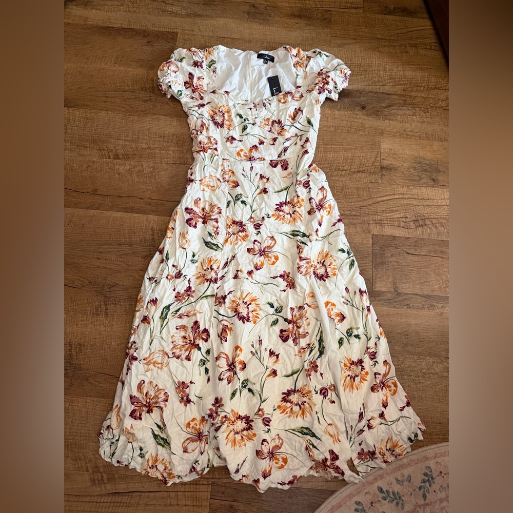 Lulus Parisian Picnic Cream Floral Jacquard Puff Sleeve Midi Dress - Picture 4 of 7